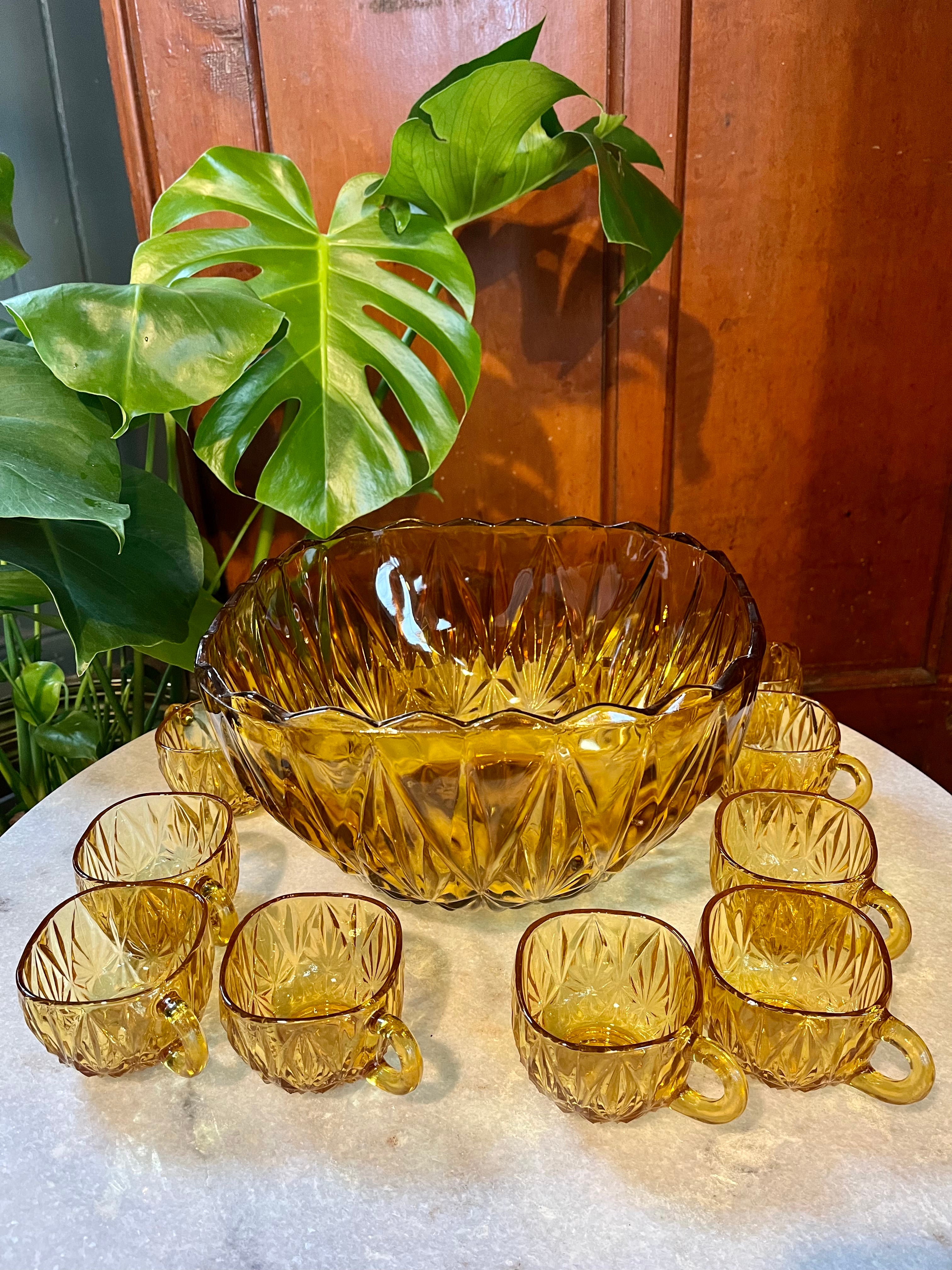 Vintage punch bowl set in amber