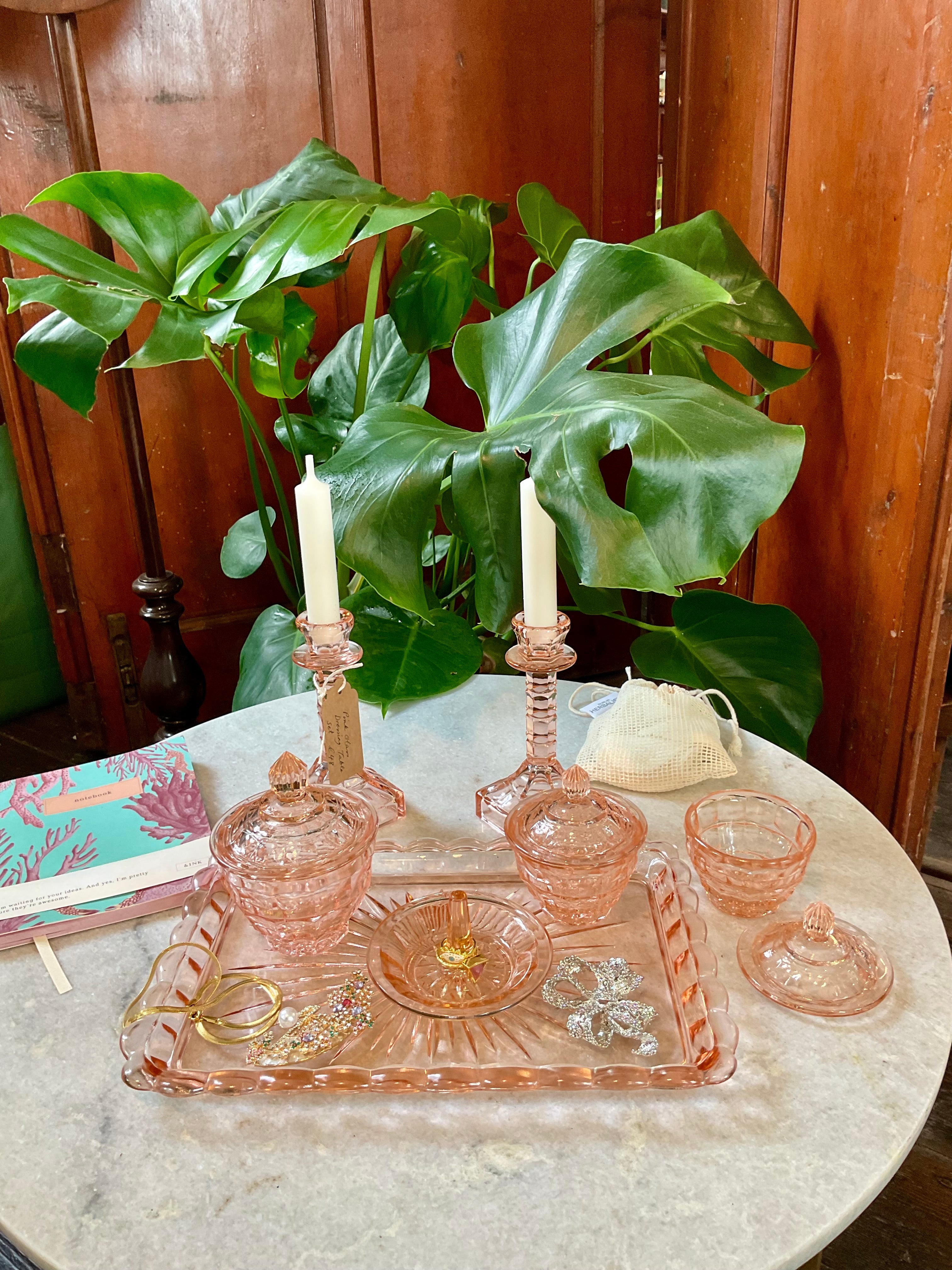 Vintage pink glass dressing table set