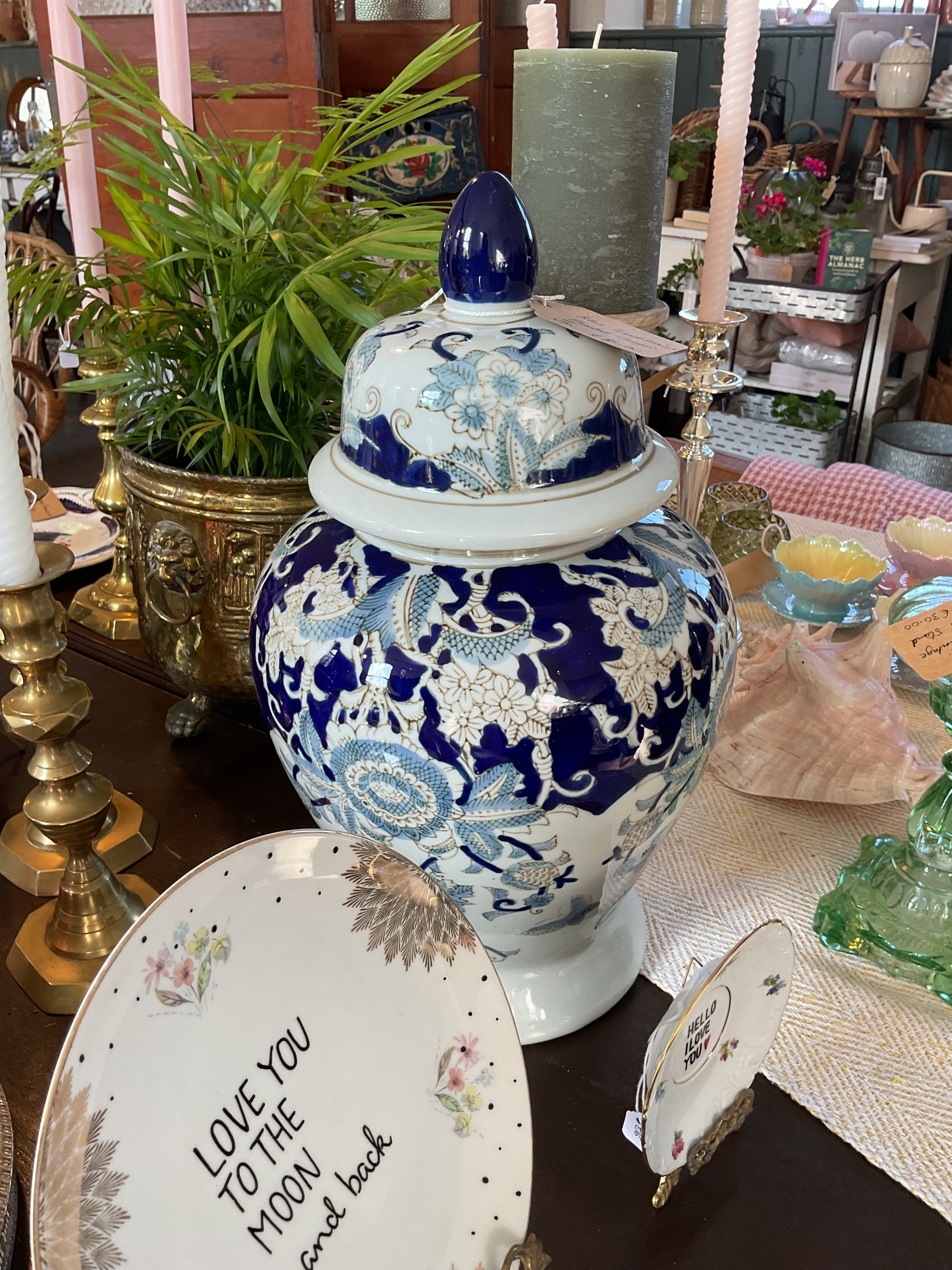 Blue and white patterned ginger jar