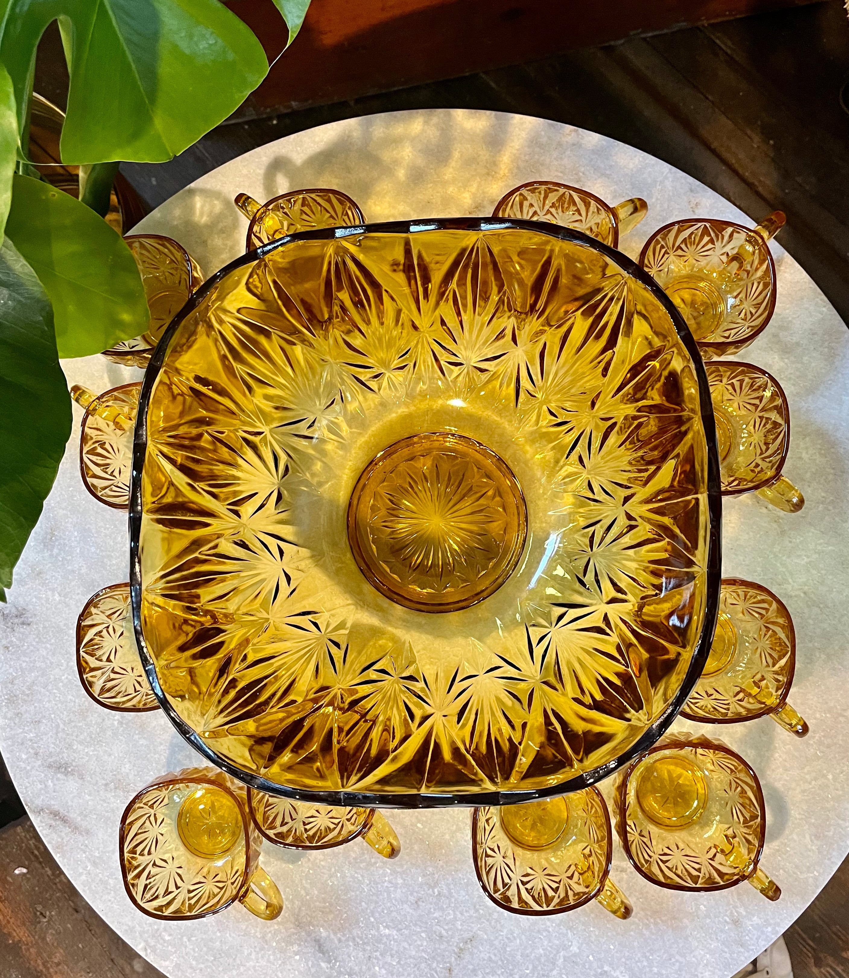 Vintage punch bowl set in amber
