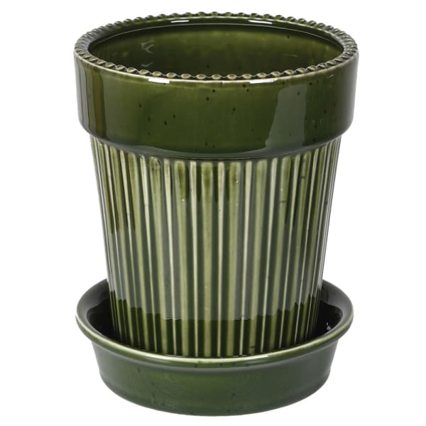 Green ceramic pot with tray