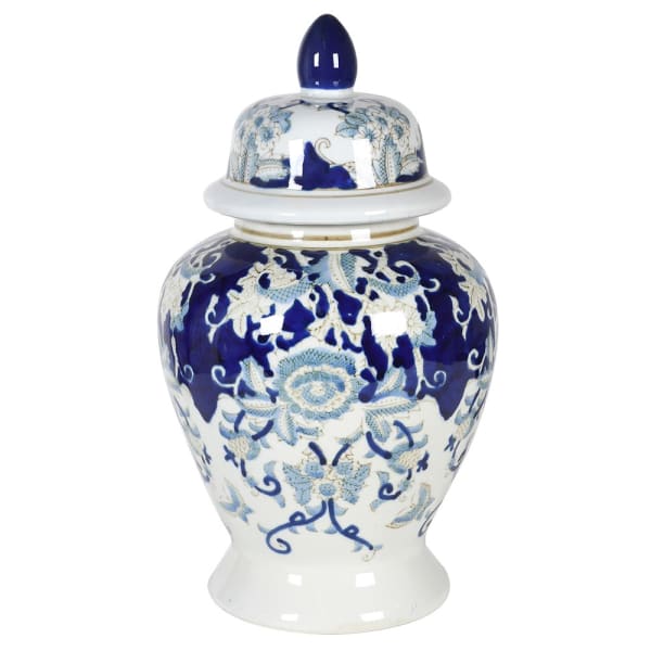 Blue and white patterned ginger jar