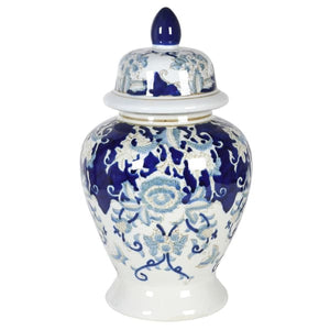 Blue and white patterned ginger jar