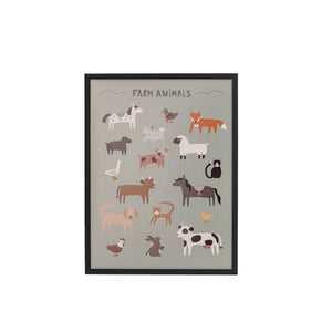 Farm animals print in black frame