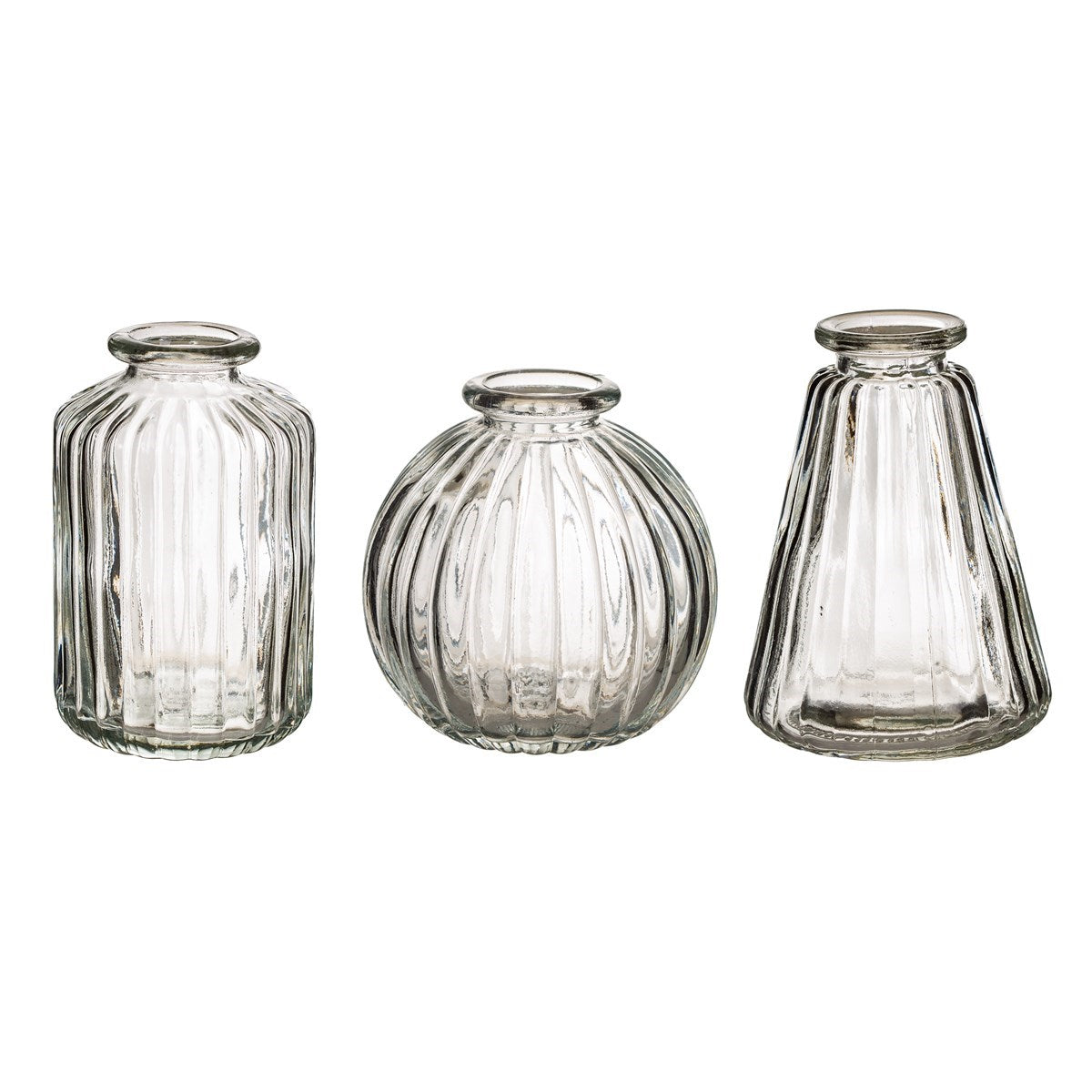Plain Ribbed Glass Bud Vases - set of 3